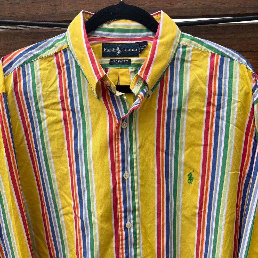 Ralph Lauren Button Down Shirt Mens XL Yellow Multicolor Stripe Classic Fit EUC